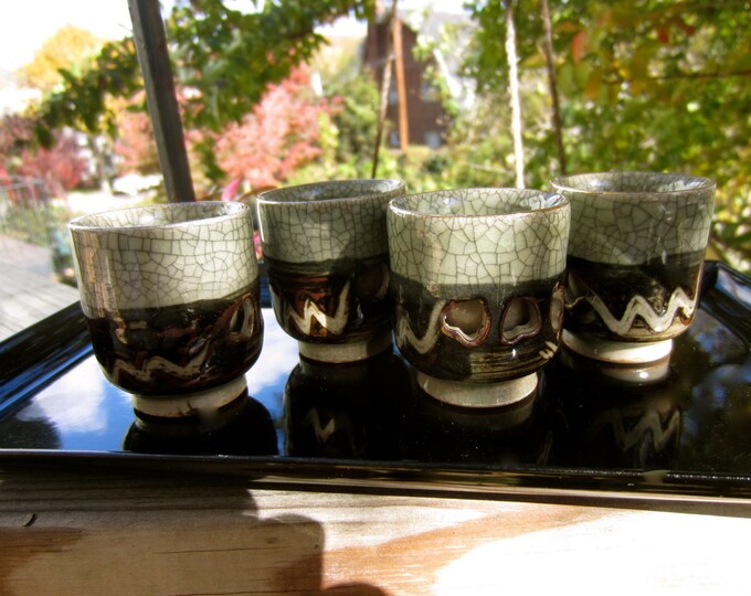 Vintage Japanese Ceramic Sake Cups With Tray Set of 4 Double Etsy