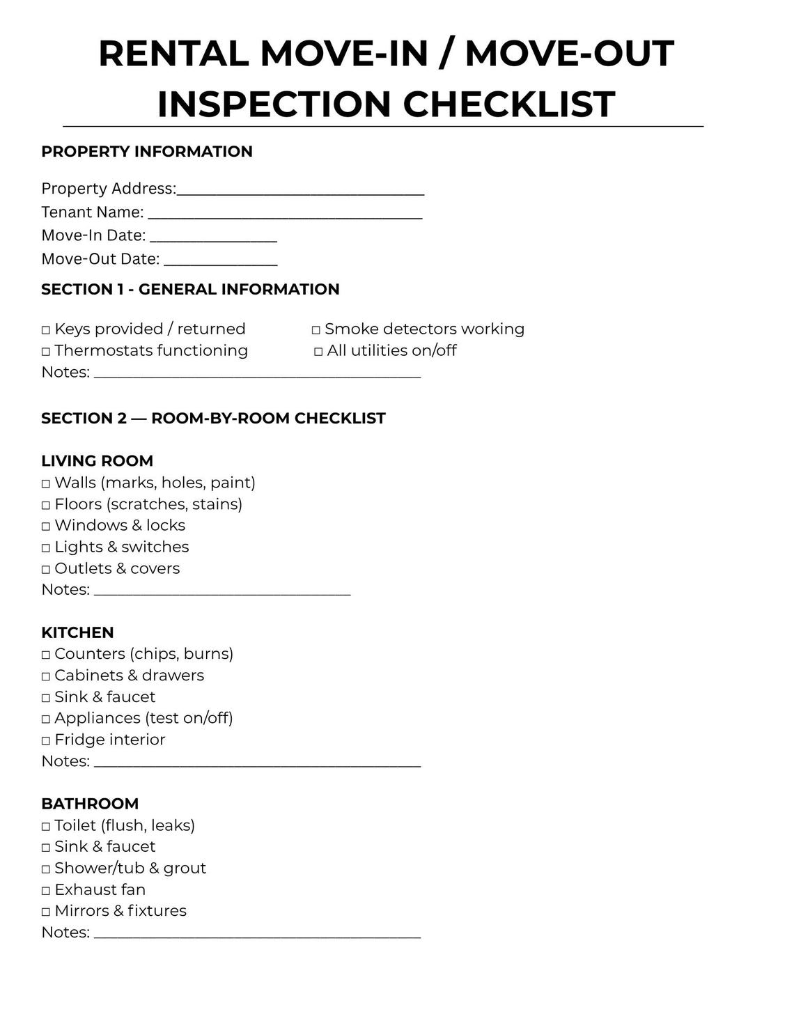 Rental Movein Moveout Checklist Editable PDF Property Inspection