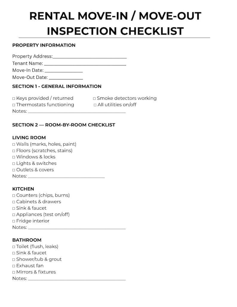 Property Move In Checklist Rental Move-in Move-out Checklist | Editable PDF | Property Inspection ...