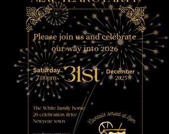 May include: Black New Year's Party invitation with gold text and accents. The invitation reads "2026 New Year's Party" and includes details for a December 31st celebration. A cocktail illustration is also included.