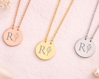 Collar con inicial de flor de nacimiento personalizada, colgante floral personalizado, joyería minimalista con nombre.