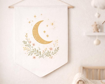 Banner bohemio de luna celestial para habitación de bebé, banderín de pared para habitación de bebé, arte de tela minimalista para colgar