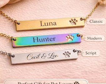 Collar con barra personalizada con el nombre de tu mascota, joyería personalizada con huella de pata grabada.
