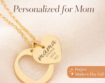 Collar personalizado para mamá con los nombres de los niños, joya con dije de corazón grabado