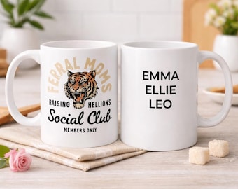 Custom Mom Mug with Kids Names, Feral Moms Coffee Mug, Funny Mom Gift, Personalized Mom Cup, Raising Hellions Mug, Mothers Day Gift Idea
