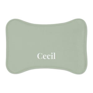 Peut inclure: Un lit pour animaux de compagnie en forme d'os, vert clair, avec des bords arrondis. Le mot "Cecil" est imprim&eacute; en blanc, centr&eacute; sur le lit. Le lit est de couleur unie et semble &ecirc;tre fait d'une mati&egrave;re douce.
