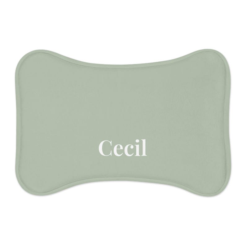 Peut inclure: Un lit pour animaux de compagnie en forme d'os, vert clair, avec des bords arrondis. Le mot "Cecil" est imprim&eacute; en blanc, centr&eacute; sur le lit. Le lit est de couleur unie et semble &ecirc;tre fait d'une mati&egrave;re douce.