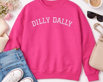 Sudadera Dilly Dally de cuello redondo, jersey rosa estilo preppy, ajuste unisex cómodo.