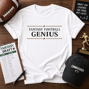 May include: A white short-sleeved t-shirt featuring the black text "FANTASY FOOTBALL GENIUS" centered on the chest, flanked by two horizontal lines and small football icons. The design is printed in a bold, clean font on a plain white fabric.