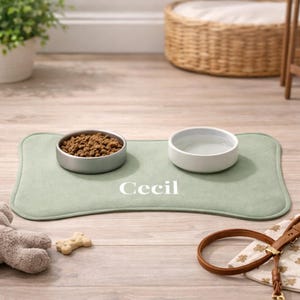 Peut inclure: Un tapis de gamelle vert clair avec deux bols, l'un contenant des croquettes et l'autre de l'eau. Le tapis est personnalis&eacute; avec le nom "Cecil" en blanc. Un os pour chien et une laisse en cuir marron sont &eacute;galement visibles.
