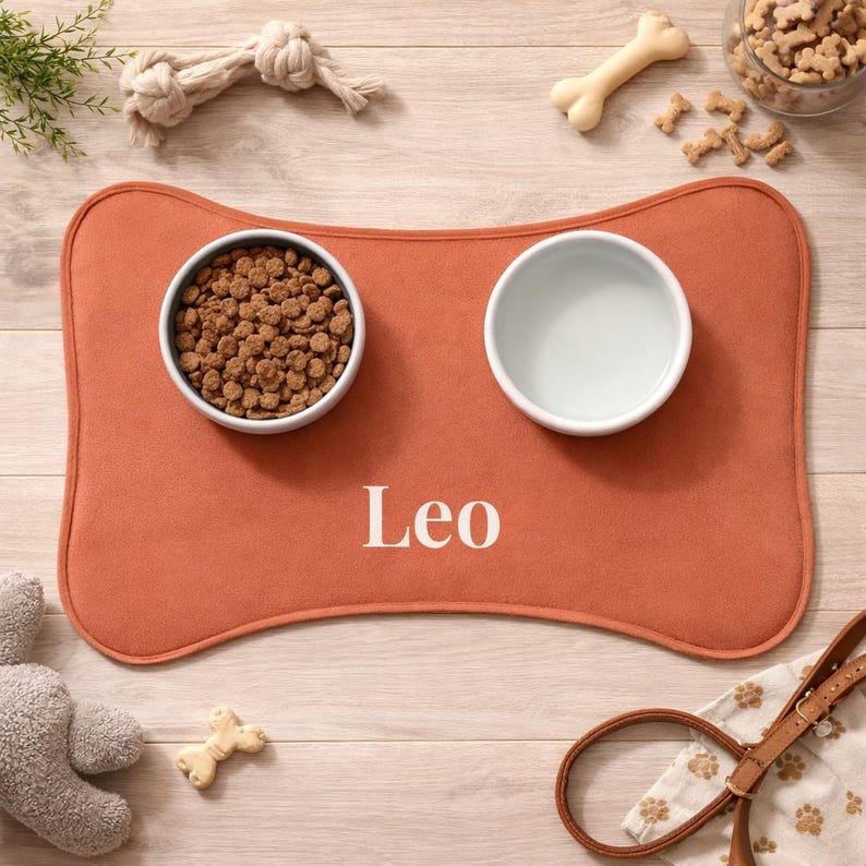Peut inclure: Tapis de nourriture pour animaux de compagnie orange en forme d'os avec le nom "Leo" en blanc. Le tapis contient deux bols blancs, l'un rempli de croquettes brunes et l'autre vide. Un jouet pour chien, des friandises et une laisse sont &eacute;galement visibles.