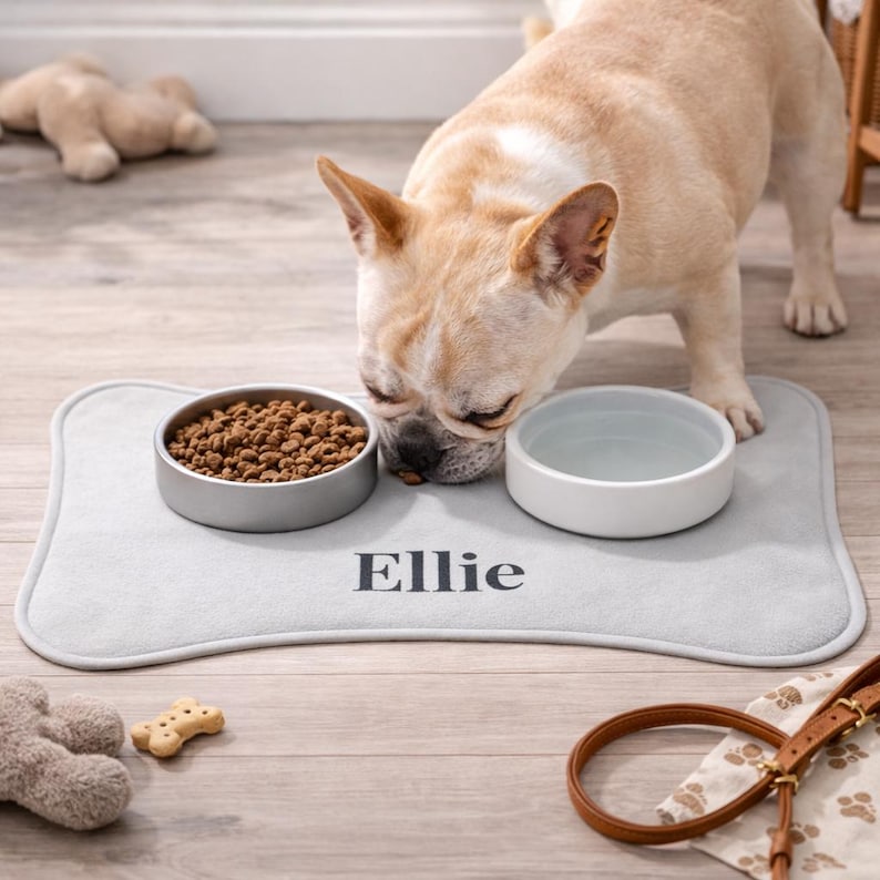 Peut inclure: Un tapis de nourriture pour chien en forme d'os gris clair avec le nom "Ellie" imprim&eacute; en noir. Le tapis contient deux bols, l'un avec de la nourriture pour chien et l'autre avec de l'eau. Un bouledogue fran&ccedil;ais mange dans le bol de nourriture.