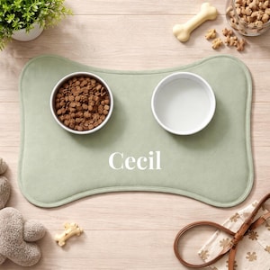 Peut inclure: Un tapis de nourriture pour animaux de compagnie en forme d'os, vert clair, avec le nom "Cecil" imprim&eacute; en blanc. Deux bols blancs sont pos&eacute;s sur le tapis, l'un rempli de croquettes marron et l'autre d'eau. Un os pour chien et une laisse sont &eacute;galement visibles.