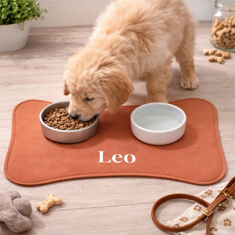 Peut inclure: Un chiot Golden Retriever mange dans un bol argent&eacute; sur un tapis en forme d'os de couleur rouille. Le tapis est personnalis&eacute; avec le nom "Leo" en blanc. Un bol d'eau blanc est &agrave; c&ocirc;t&eacute; du bol de nourriture. Une laisse et un jouet pour chien sont &eacute;galement visibles.
