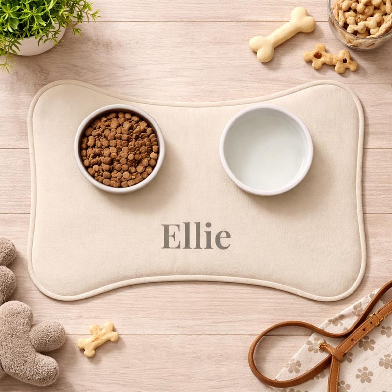 Peut inclure: Tapis de nourriture pour animaux de compagnie beige en forme d'os avec deux bols en c&eacute;ramique blancs, l'un rempli de nourriture pour chiens et l'autre d'eau. Le nom "Ellie" est imprim&eacute; en gris. Des friandises pour chiens et une laisse sont &eacute;galement visibles.