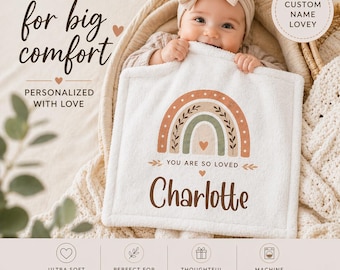 Personalized Baby Lovey Blanket, Custom Name Security Blanket, Neutral Boho Rainbow Lovey, Baby Shower Gift, Newborn Keepsake