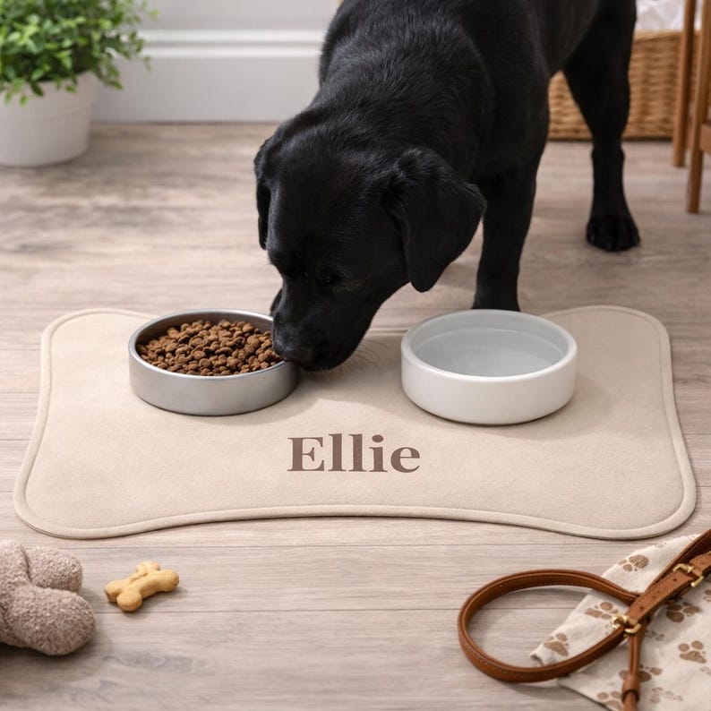 Peut inclure: Un chien noir mangeant dans un bol argent&eacute; sur un tapis beige en forme d'os. Le tapis porte le nom "Ellie". Un bol blanc est &agrave; c&ocirc;t&eacute; du bol de nourriture. Un jouet pour chien, une friandise pour chien et une laisse sont &eacute;galement visibles.
