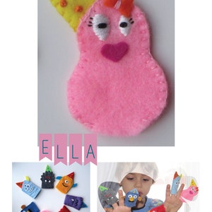 K&ouml;nnte beinhalten: Ein Set aus Filz-Fingerpuppen in verschiedenen Farben und Designs. Die Puppen beinhalten eine rosa Puppe mit einem gelben Hut und dem Wort "ELLA" auf einem Banner.