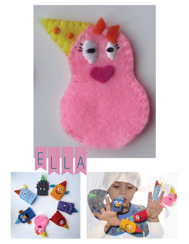 K&ouml;nnte beinhalten: Ein Set aus Filz-Fingerpuppen in verschiedenen Farben und Designs. Die Puppen beinhalten eine rosa Puppe mit einem gelben Hut und dem Wort "ELLA" auf einem Banner.