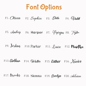 Peut inclure: Image pr&eacute;sentant des options de polices, avec le titre "Font Options" en orange. Vingt styles de polices diff&eacute;rents sont affich&eacute;s, chacun avec un nom comme "Olivia" ou "Sophia" et un num&eacute;ro, de F1 &agrave; F20.
