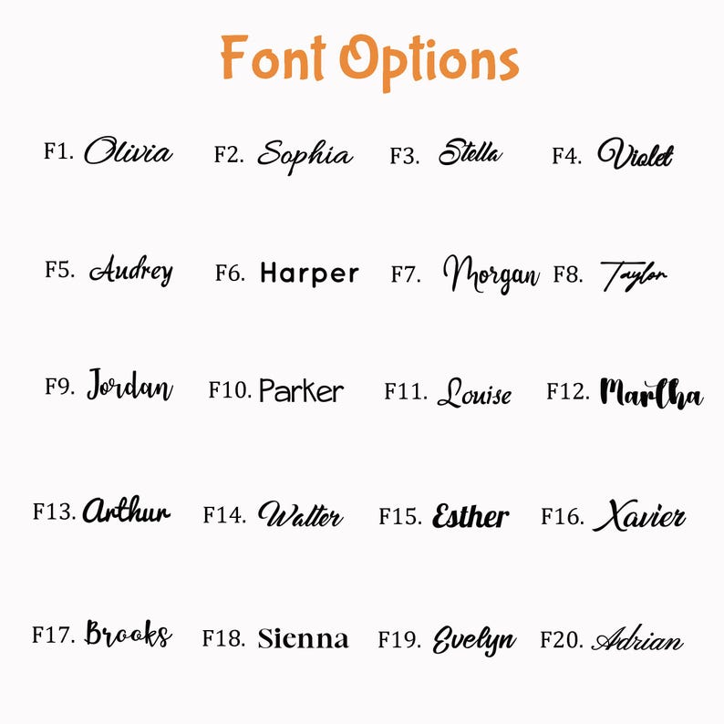 Peut inclure: Image pr&eacute;sentant des options de polices, avec le titre "Font Options" en orange. Vingt styles de polices diff&eacute;rents sont affich&eacute;s, chacun avec un nom comme "Olivia" ou "Sophia" et un num&eacute;ro, de F1 &agrave; F20.
