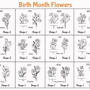 Peut inclure: Illustration en noir et blanc de fleurs de naissance, chacune avec deux options de design. L'image comprend des fleurs comme les &oelig;illets, les violettes, les jonquilles, les marguerites, le muguet, les roses, les n&eacute;nuphars, les coquelicots, les gloires du matin, les cosmos, les chrysanth&egrave;mes et le houx.