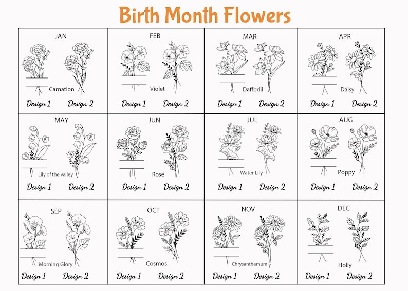 Peut inclure: Illustration en noir et blanc de fleurs de naissance, chacune avec deux options de design. L'image comprend des fleurs comme les &oelig;illets, les violettes, les jonquilles, les marguerites, le muguet, les roses, les n&eacute;nuphars, les coquelicots, les gloires du matin, les cosmos, les chrysanth&egrave;mes et le houx.
