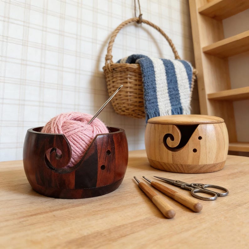 Peut inclure: Un bol &agrave; fil en bois avec une pelote de laine rose et une aiguille &agrave; crochet. Un deuxi&egrave;me bol en bois avec un couvercle est &agrave; c&ocirc;t&eacute;. Des crochets et des ciseaux sont sur la table. Un panier avec une couverture &agrave; rayures bleues et blanches est en arri&egrave;re-plan.