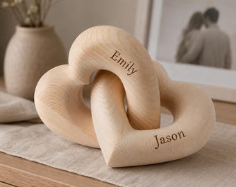 Personalisierte hölzerne Infinity-Herz-Skulptur, benutzerdefinierte Paarnamen-Andenken, graviertes Jahrestags-Hochzeitsgeschenk