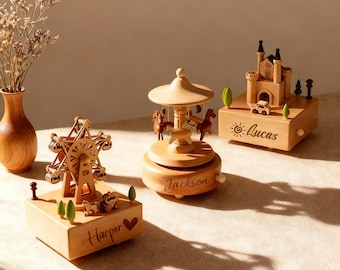 Personalized Wooden Music Box for Kids – Engraved Baby Name Keepsake, Musical Carousel, Wooden Baby Toy, Nursery Decor, Baby Shower Gift