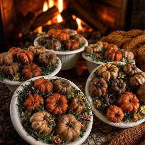 May include: Four white ceramic bowls filled with small, textured pumpkins in shades of orange, brown, and tan, nestled among green moss and tiny yellow flowers. The bowls are arranged in a cluster, showcasing the varied sizes of the pumpkins.