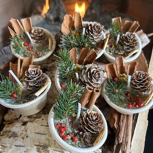 May include: Six small, round candles with natural decorations. Each candle features a pine cone, cinnamon sticks, evergreen sprigs, and red berries. The candles are in white containers and are on a wooden surface.