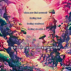 Puede incluir: Una ilustración vibrante y caprichosa de un paisaje fantástico con edificios, árboles y criaturas coloridas. El texto dice: "cuando te encuentres perdido, confundido, en desacuerdo, entra en tu imaginación". La obra de arte está firmada "Bashar".