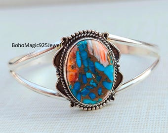 Oyster Turquoise Sterling Silver Bangle, Handmade Gemstone Jewelry