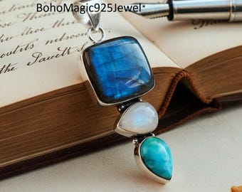 Labradorite Larimar Moonstone 925 Silver Pendant