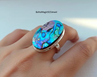 Handmade Abalone Shell Ring, 925 Sterling Silver, Boho Jewelry
