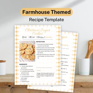 May include: Farmhouse-themed recipe template with a Christmas Sugar Cookies recipe. The recipe is on a white paper with a yellow gingham pattern. The image includes wooden utensils and cutting boards.