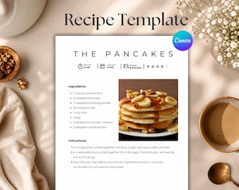 May include: A recipe template titled "The Pancakes" with a stack of pancakes topped with bananas and walnuts. The recipe includes ingredients like flour, sugar, and milk. The image also features a cup of coffee, a bowl of walnuts, and a spoon.