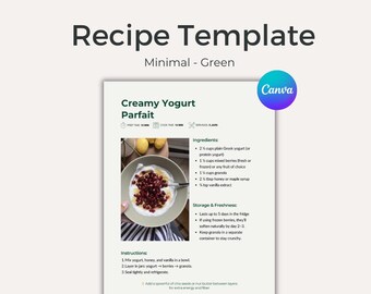 Editable Minimalist Recipe Template I Canva Template  (US Letter & A4) I Digital Download - Green