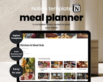 Notion Meal Planner Template | Digital Meal Organizer | Grocery List + Recipe Book | Instant Download