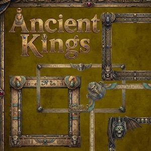 May include: Digital art featuring ornate, antique-style frames with Egyptian and skull motifs. The frames are in shades of brown, gold, and green, with the text "Ancient Kings" in a gold, embossed font. The overall design has a vintage, fantasy theme.