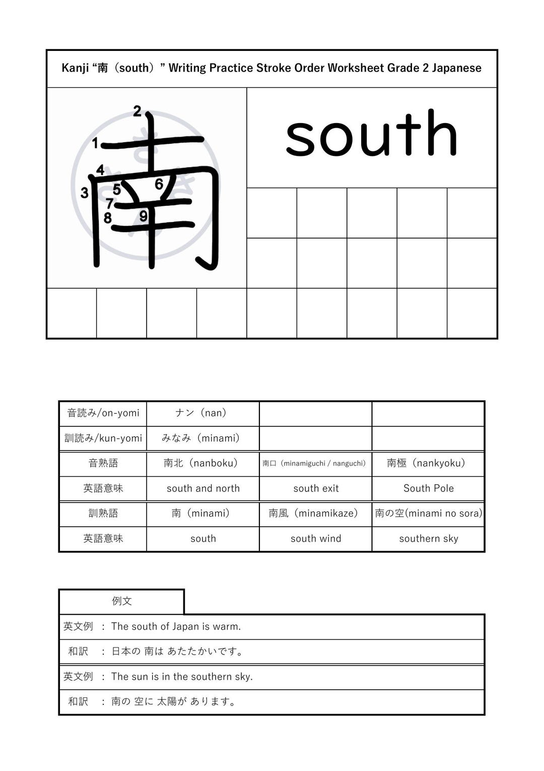 Japanese Kanji Worksheet –南(south)– Stroke Order, Writing Practice ...