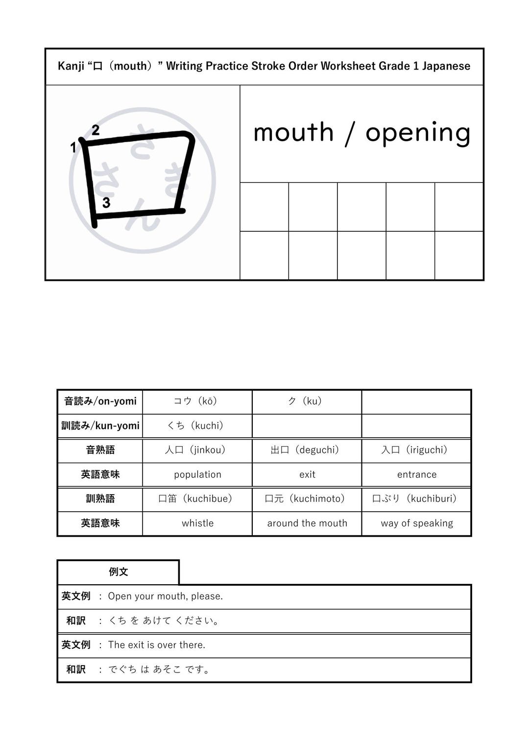 Japanese Kanji Worksheet – 口（mouth） – Stroke Order, Writing Practice ...