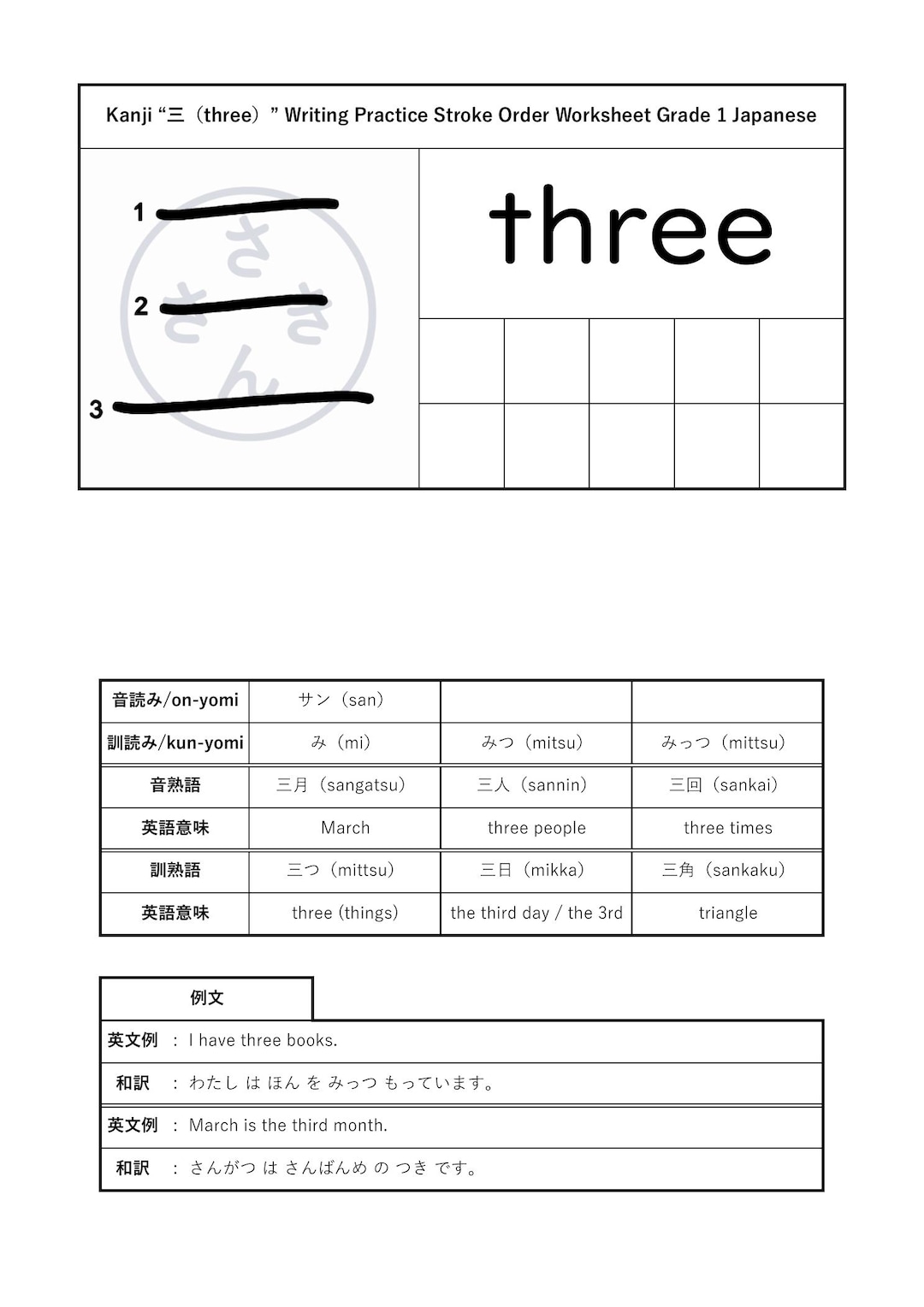 Japanese Kanji Worksheet – 三（three） – Stroke Order, Writing Practice ...