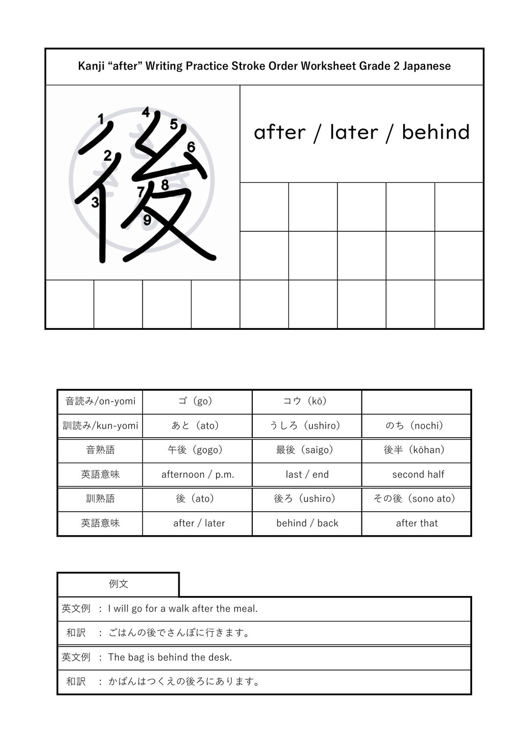 Japanese Kanji Worksheet – 後(after) – Stroke Order, Writing Practice ...