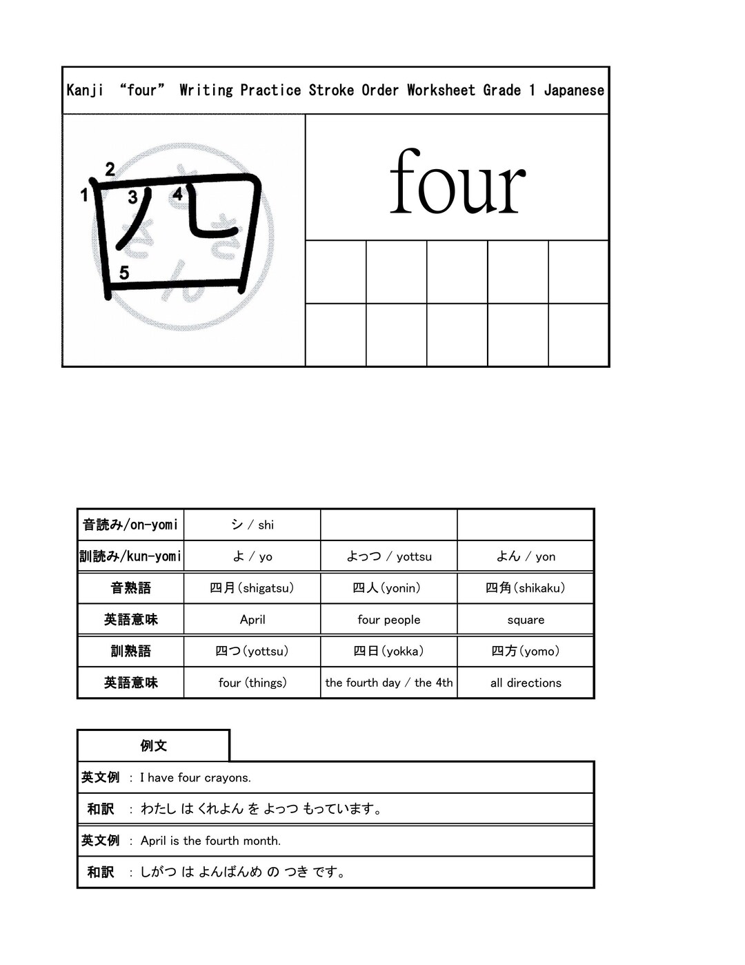 Japanese Kanji Worksheet – 四(four) – Stroke Order, Writing Practice ...