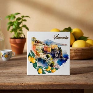 Decorative Ceramic Tile Watercolor Style Artistic Souvenir Naples Vesuvius Home Decoration Sorrento Lemons