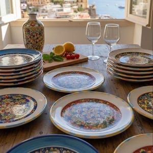 Puede incluir: Un conjunto de platos de cerámica con intrincados y coloridos patrones florales y geométricos en tonos azul, amarillo y rojo. El set incluye una botella decorativa a juego, dos copas de vino transparentes y una tabla de madera con limones.