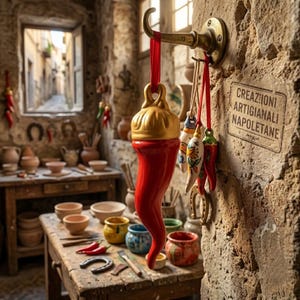 Può includere: Un ornamento a forma di peperoncino rosso in ceramica con la parte superiore dorata è appeso a un gancio di ottone. Sono visibili anche altri ornamenti a forma di peperoncino e un cartello con la scritta "Creazioni Artigianali Napoletane". La scena è ambientata in un laboratorio rustico.