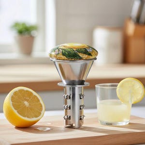 Puede incluir: Un exprimidor de cítricos de acero inoxidable con un diseño floral decorativo amarillo y verde en la parte superior. También hay media rodaja de limón y un vaso de limonada con una rodaja de limón como adorno en una tabla de cortar de madera.